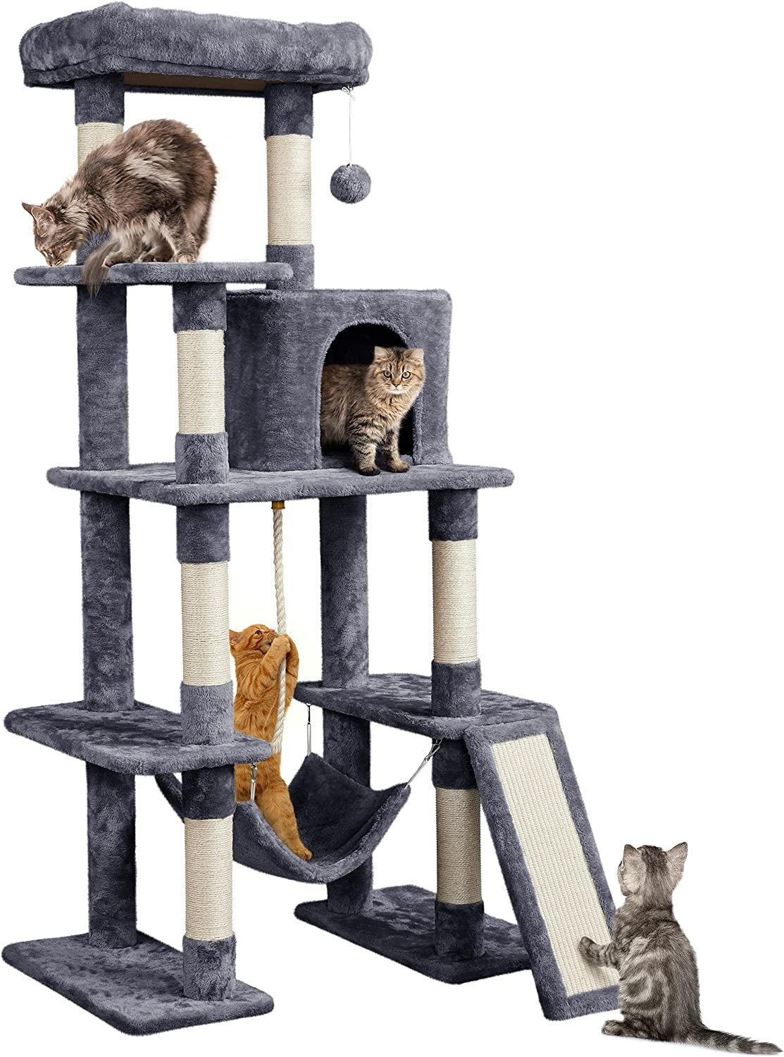 63-Inch Large Cat Tree for Indoor Cats, Multi-Level Cat Tower with Condo, Hammock, Scratching Posts & Ladder, Multi-Cat Playhouse
