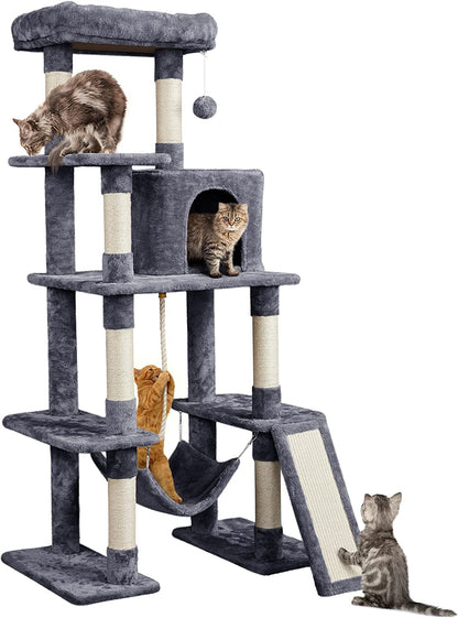 63-Inch Large Cat Tree for Indoor Cats, Multi-Level Cat Tower with Condo, Hammock, Scratching Posts & Ladder, Multi-Cat Playhouse