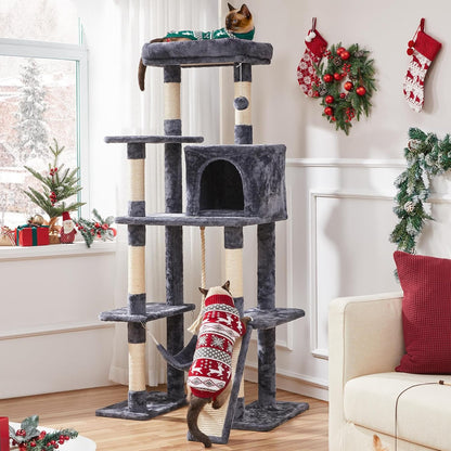 63-Inch Large Cat Tree for Indoor Cats, Multi-Level Cat Tower with Condo, Hammock, Scratching Posts & Ladder, Multi-Cat Playhouse