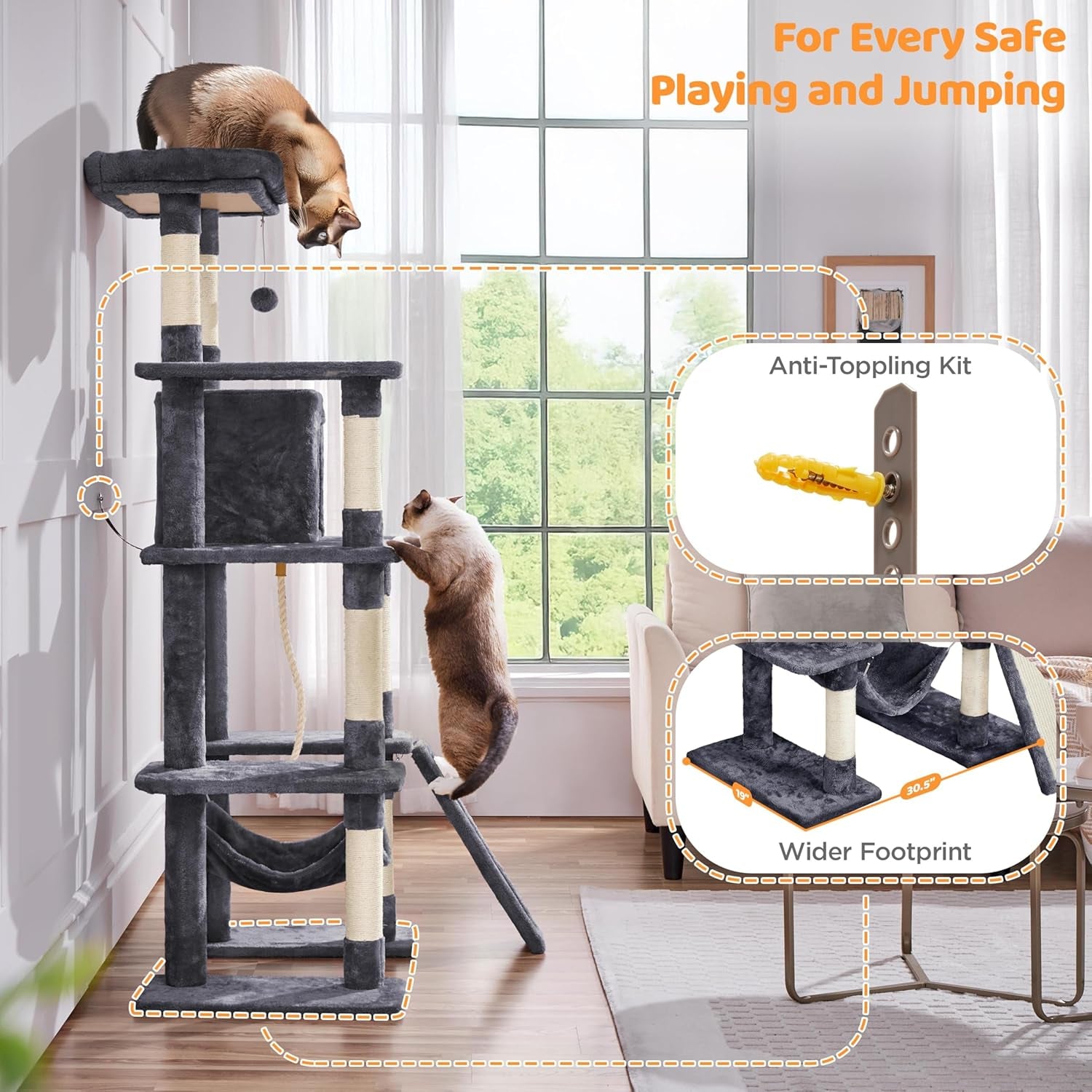 63-Inch Large Cat Tree for Indoor Cats, Multi-Level Cat Tower with Condo, Hammock, Scratching Posts & Ladder, Multi-Cat Playhouse