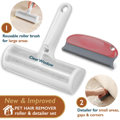 Pet Hair Remover Roller & Detailer Set, Reusable Dog & Cat Hair Remover for Couch, Carpet, Furniture, Bedding & Car