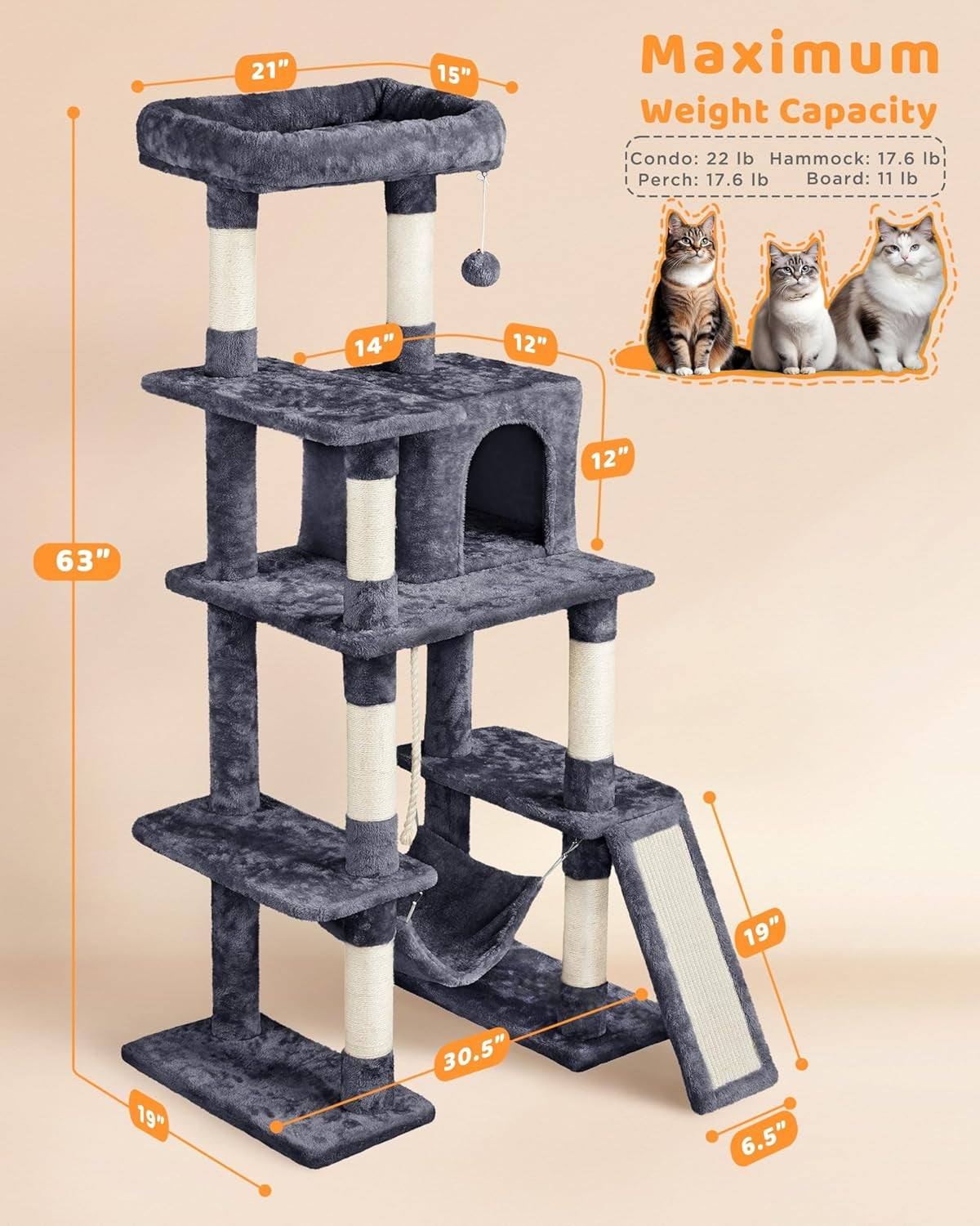 63-Inch Large Cat Tree for Indoor Cats, Multi-Level Cat Tower with Condo, Hammock, Scratching Posts & Ladder, Multi-Cat Playhouse