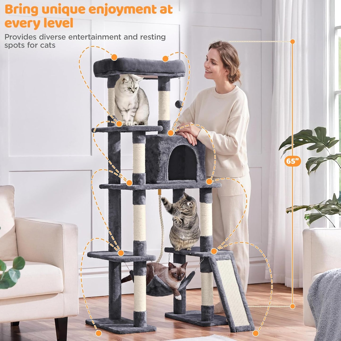 63-Inch Large Cat Tree for Indoor Cats, Multi-Level Cat Tower with Condo, Hammock, Scratching Posts & Ladder, Multi-Cat Playhouse
