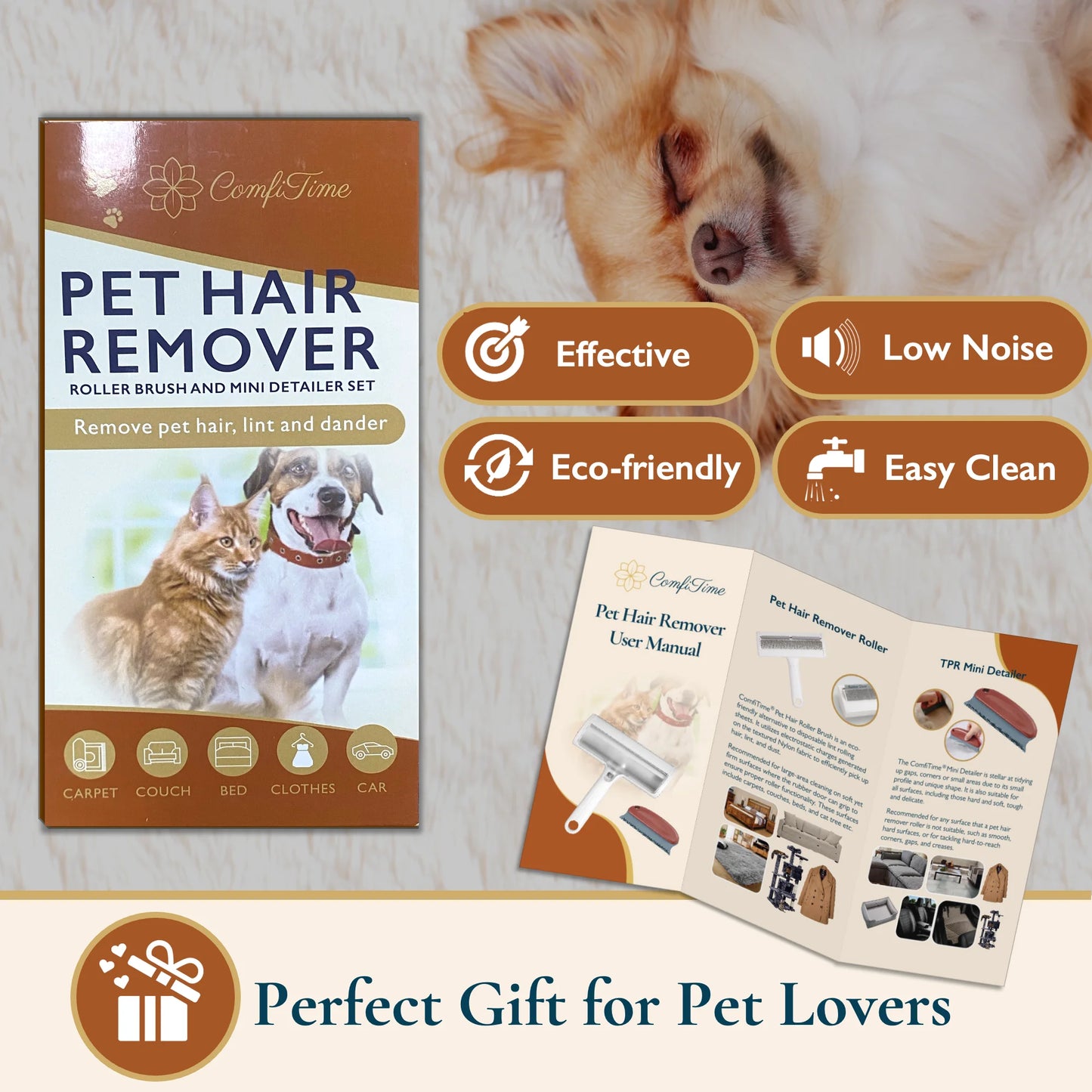 Pet Hair Remover Roller & Detailer Set, Reusable Dog & Cat Hair Remover for Couch, Carpet, Furniture, Bedding & Car